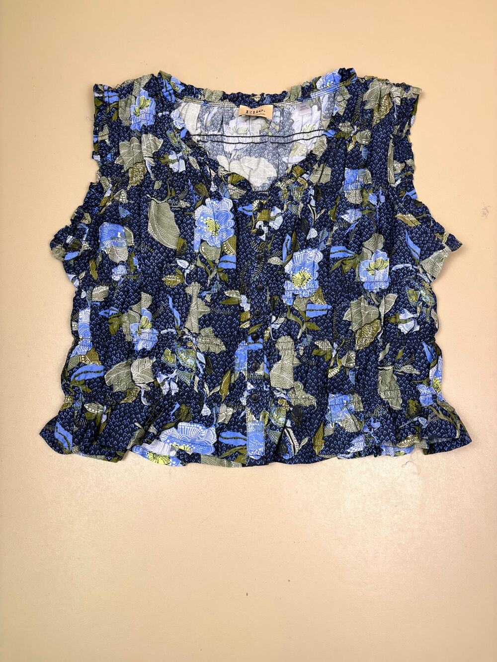 Elie Tahari Womens Medium Navy Floral Ruffle Sleeveless Button Front Blouse NWOT